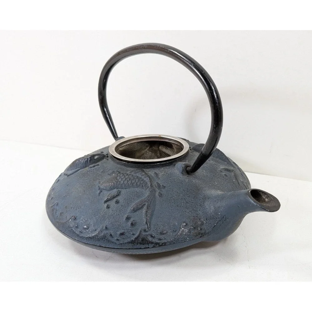Japanese Vintage 24 Fl Oz Blue Carp Koi Fish Cast Iron Teapot Tetsubin w/ filter